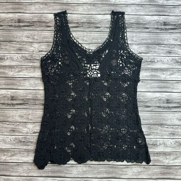 Keren Hart Women's Black Open Crochet Lace V Neck Tank Top Overlay L LG Large - Picture 4 of 11